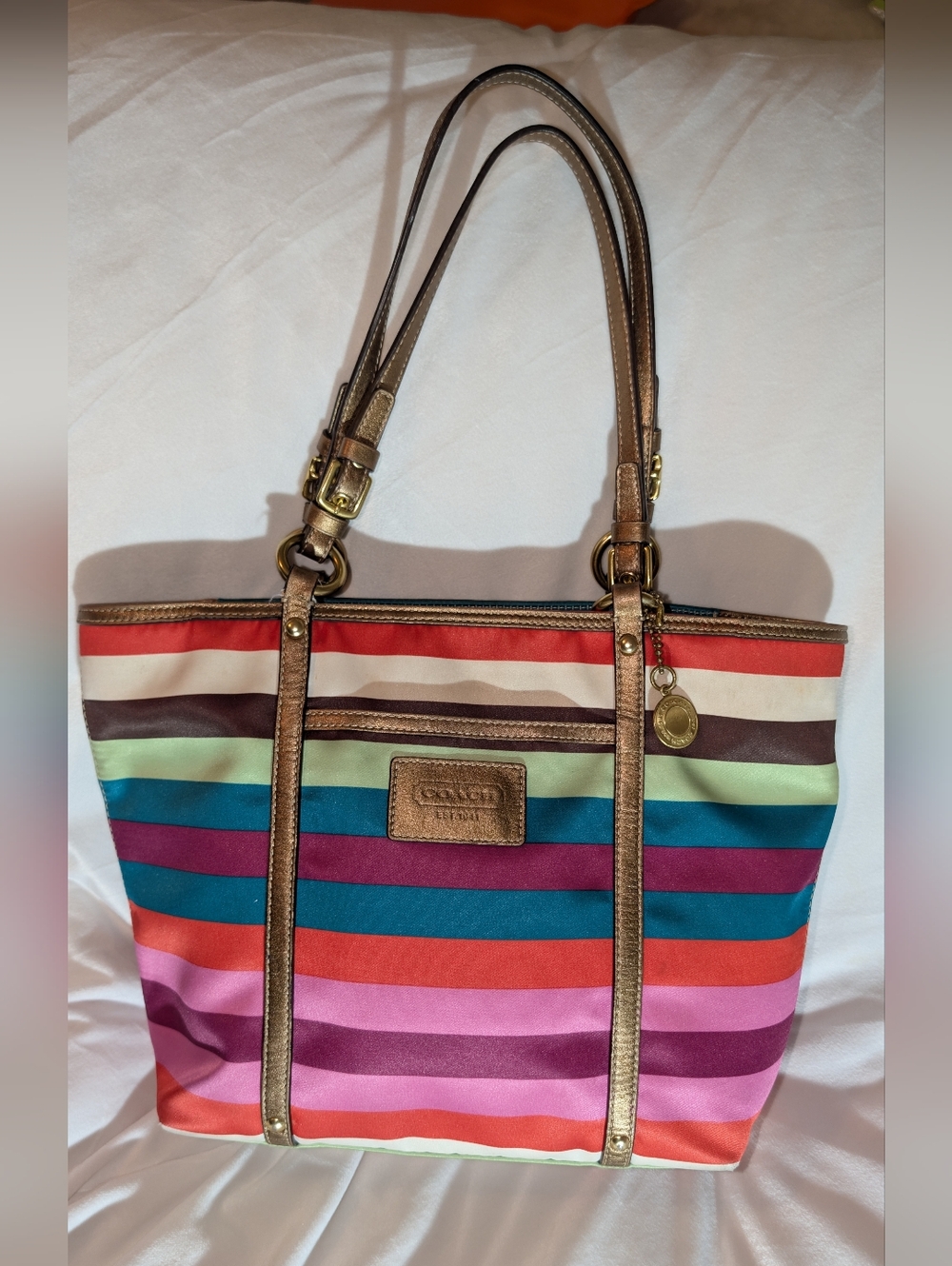 COACH LEGACY SATEEN STRIPE MEDIUM TOTE RARE MULTICOLOR GUC
